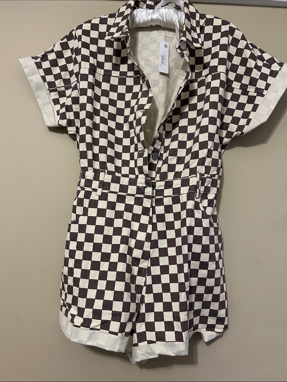 Checkerboard Short Sleeve Romper - Brown & Cream